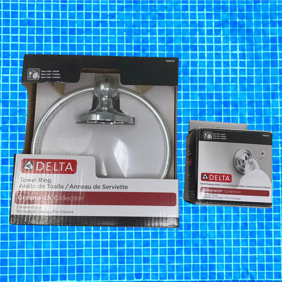 NEW Lot 2 x Delta Greenwich Collection Shiny Chrome Towel Ring & Robe Hook NWT - Picture 1 of 6